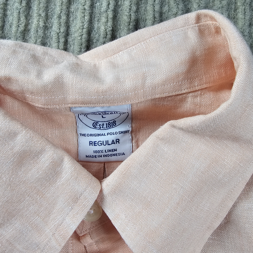 Brooks Brothers Regent Irish Linen Button Up Original Polo Shirt Peach Men Sz L